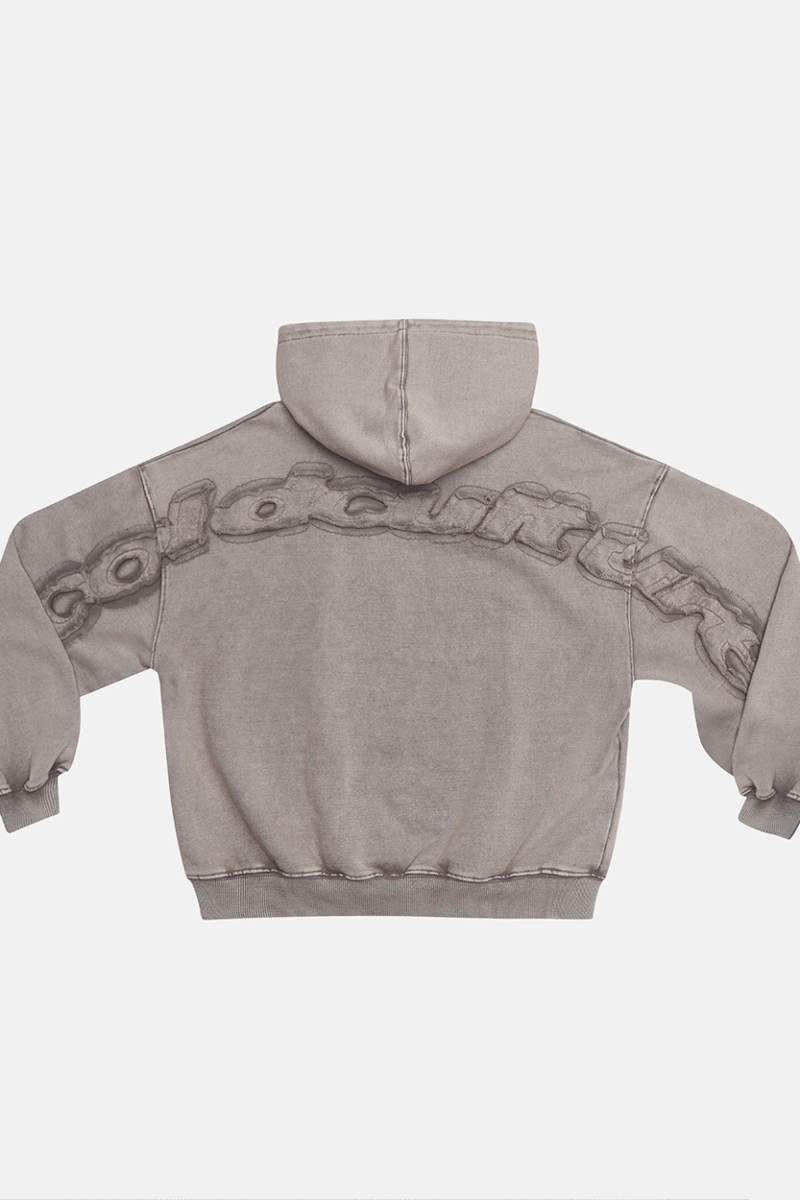 DISTRESS CURVED HOODIE GREY